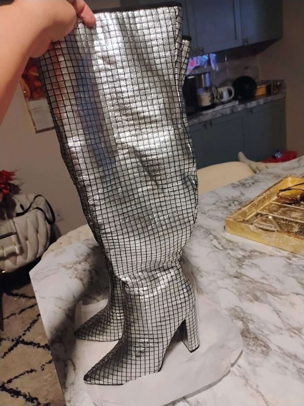 Silver Grid Knee-High Block Heel Boots - Women